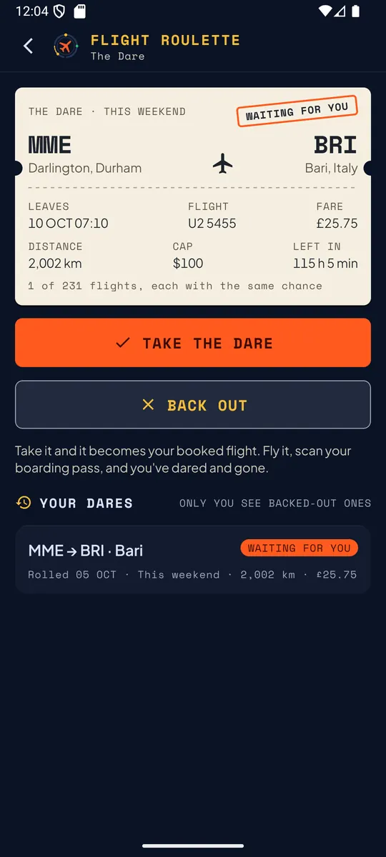 The Dare: one flight from Teesside to Bari, 1 of 231 flights, each with the same chance