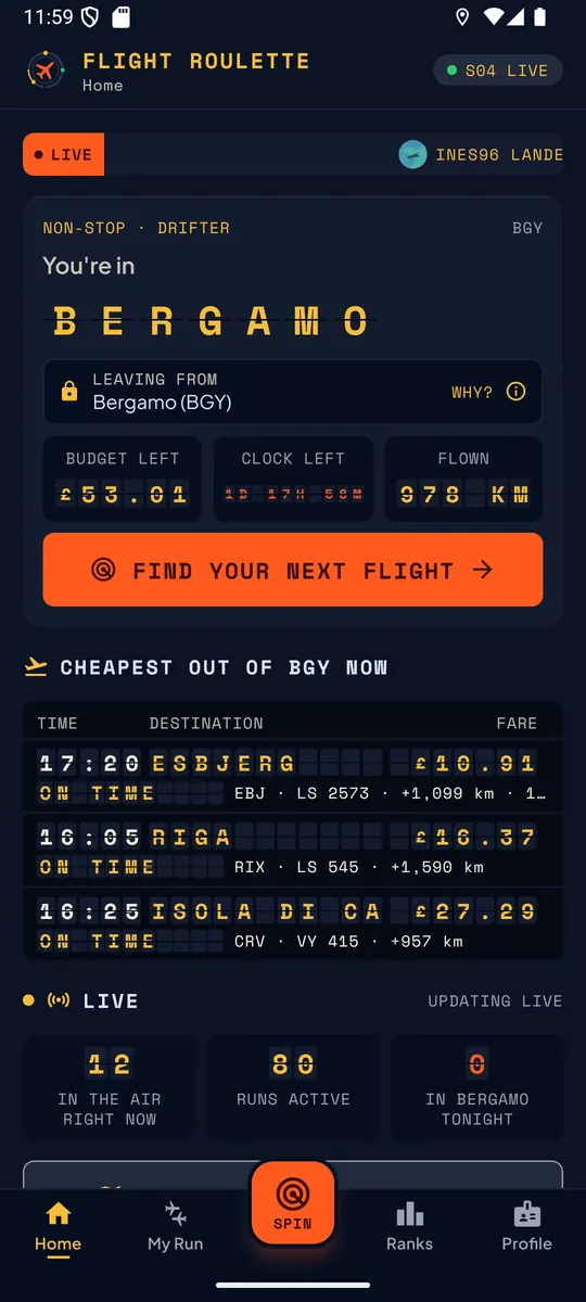 Home screen: a Non-Stop run in Bergamo with the budget, clock and distance as split-flap tiles, and the cheapest flights out