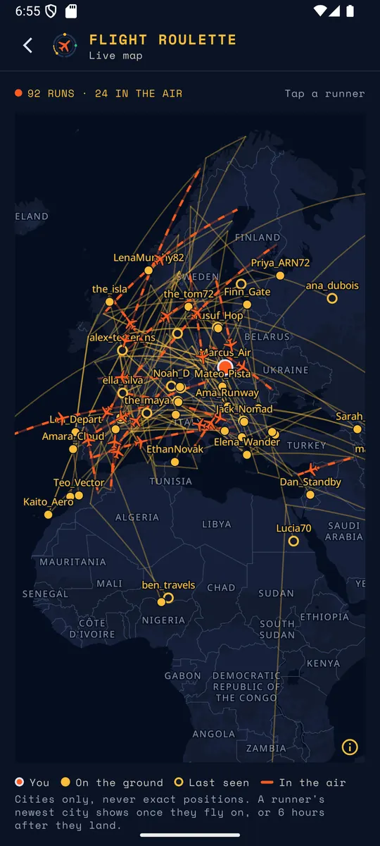 The Live map: every active run this season drawn as arcs across Europe